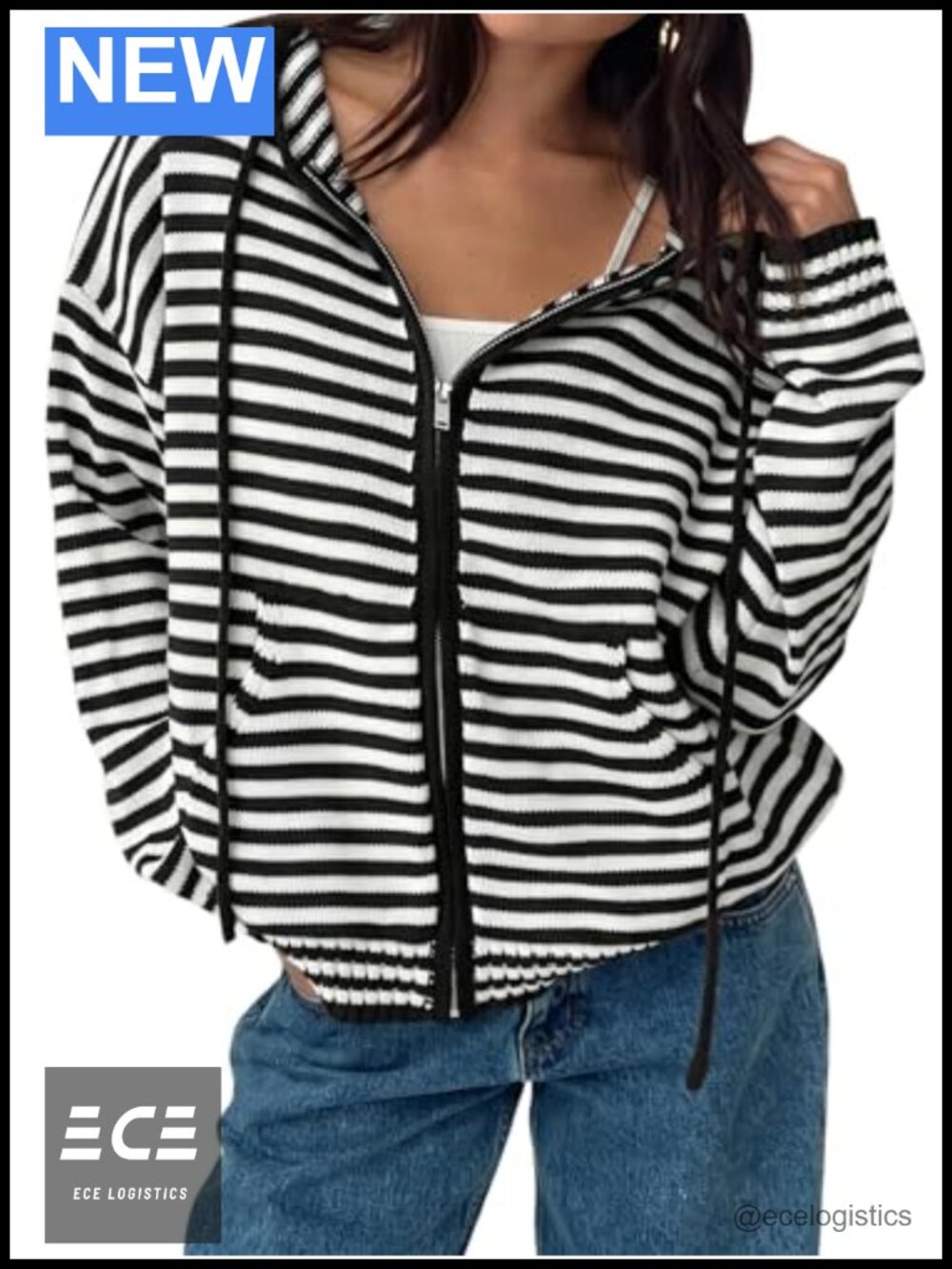 Oversized Striped Zip Hoodie Cardigan Crop Sweater Jacket